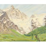 Robert Morson-Hughes, A landscape of an alpine valley with a snow-capped mountain beyond, oil on
