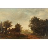 19th Century School, wayfarers gathered on a country path with a church tower beyond, oil on oak