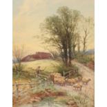 Thomas Roden (1842-1926) British, A shepherd and his flock by a pond, watercolour, signed and