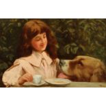 Henry Macbeth-Raeburn (1860-1947) British, a young girl having tea with her newfoundland, oil on