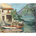 Continental school, fishing boats moored by a boat house, oil on canvas, indistinctly signed, 18 x