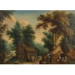 Manner of Theobald Michau, figures crossing a bridge with conversing wayfarers by a cottage, oil