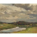 Wilfred S Pettitt, river landscape with a village and a church beyond, oil on panel, 8.5 x 10.5 .