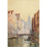 Miller, Early 20th Century, a Continental Canal Scene with boats moored near a bridge,