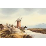 Leslie L H Moore, A Broadland scene with a windmill, watercolour, signed, 14.25 x 21.5 , provenance: