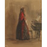 After Adolph Von Menzel, A lady by a piano, chromolithograph, 7 x 5.5 , (a/f).