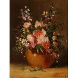 Coranza, a still life of flowers in a jug, signed, oil on panel, 9.5 x 7.5 .