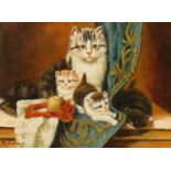 R. Horton, a cat with her kittens on a tabletop, oil on panel, signed, 12 x 16 .