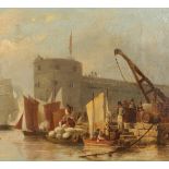 Attributed to William Anderson (1757-1837). Figures unloading a barge, canvas laid down on oak