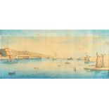 G. Chetcuti c. 1950, A panoramic view of Maltese harbour, with battleships and traditional Maltese