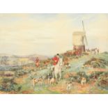 Arthur Foster, A foxhunting scene with huntsman and hounds in a country landscape with a windmill