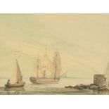 18th/19th century, A continental view of a Man O War at anchor in a fortified bay, watercolour,