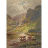 Henry Deacon Hillier Parker, (1858-1930) British, A Highland view with cattle watering by a lake,