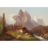 20th century, An Alpine landscape with a figure approaching a building with mountains beyond, oil on