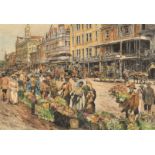 20th century South African School, Figures at a flower market (possibly Cape Town), coloured