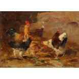 Early 20th Century Continental School, A scene of chickens in a barnyard interior, oil on mahogany