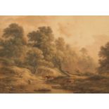 Attributed to John Glover, A figure with his dog on the bank of a stream with cattle watering,