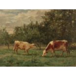 Louis Darey (1863-1914) French, Cows feeding in a tree-lined meadow, oil on mahogany panel,