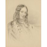 A 19th century engraving of a seated lady, with label verso, 9 x 7 .