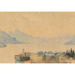 20th Century British School, A scene of a Continental Lake with mountains beyond, watercolour,