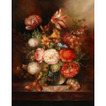 20th century. A still life study of mixed flowers in a glass vase on a marble ledge, oil on panel,