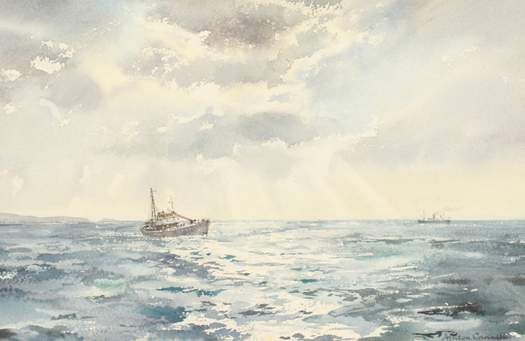 Ashton Cannell (1927-1994) Fishing boats on open water, watercolour, signed, 9.25 x 14 .