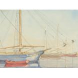 Sam Barclay (20th Century), a study of moored sailboats, watercolour, signed and dated 50, 14 x19 .