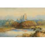 J MacDiarmid (19th/20th century) A view of castle ruins on a hilltop with a river and grazing sheep,