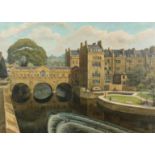 Brenda Johnston (b. 1930) British, Pulteney Bridge, Bath, oil on canvas, artists paintings