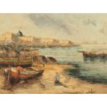 20th century continental school, A figure and boats in a Mediterranean harbour, oil on canvas,