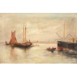 19th Century English School, A pair of marine paintings of ships and barges moored in a port, oil on