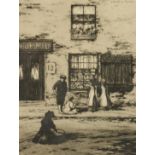 J. Beattie Scott (c. 1865-1937) children outside a shop with two other architectural etchings by