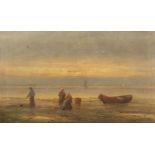 A. Vescovi (19th/20th century) Italian figures on a beach mending nets with boats in the distance,