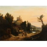 19th Century, probably Continental School, wayfarers conversing on a path below hilltop ruins, oil