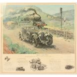 Terence Cuneo (1907-1996) British, Bentley v Blue Train , a coloured print signed in pencil, 29 x 28