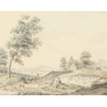 Manner of Paul Sandby (1731-1809) British, Figures and animals on a path with a town beyond,