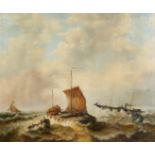 20th century, A seascape with figures on rough seas, oil on canvas, signed H. Morris? , 20 x 24"