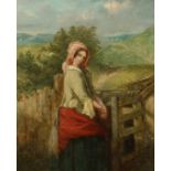 English school, a lady by a gate, oil on board, 12 x 10