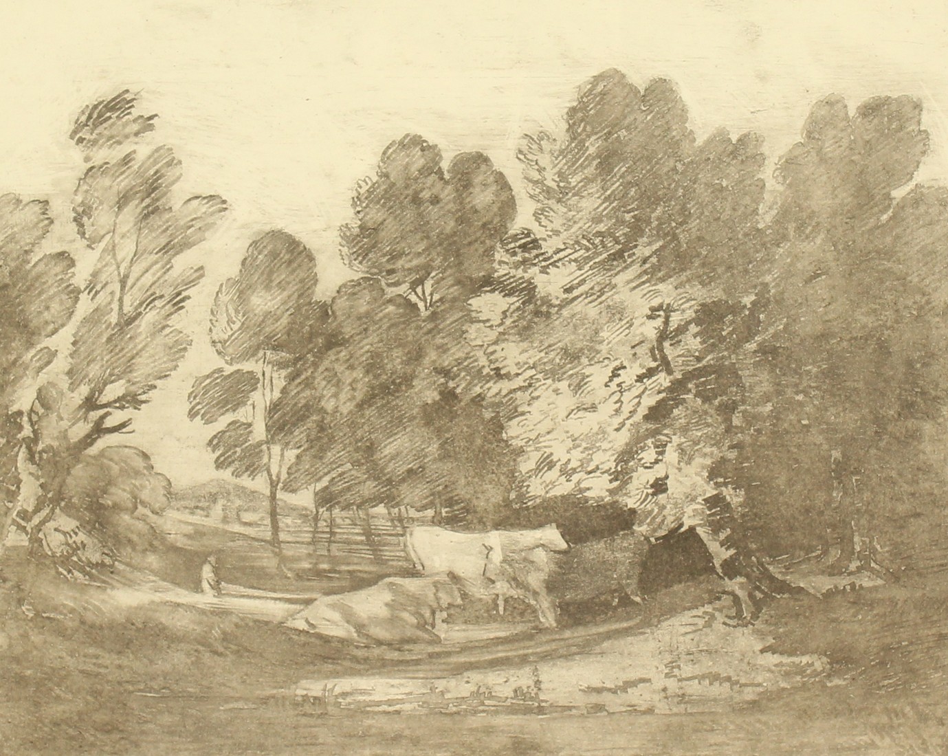 After Thomas Gainsborough, Cattle in a wooded landscape etching with the number 11 in the top left-