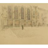 Cecil Aldin (1870-1935) A gentleman in a courtyard before an ecclesiastical building exterior,