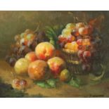 J. Howard, a still life of mixed fruit in a basket, oil on panel, signed, 8 x 10 .