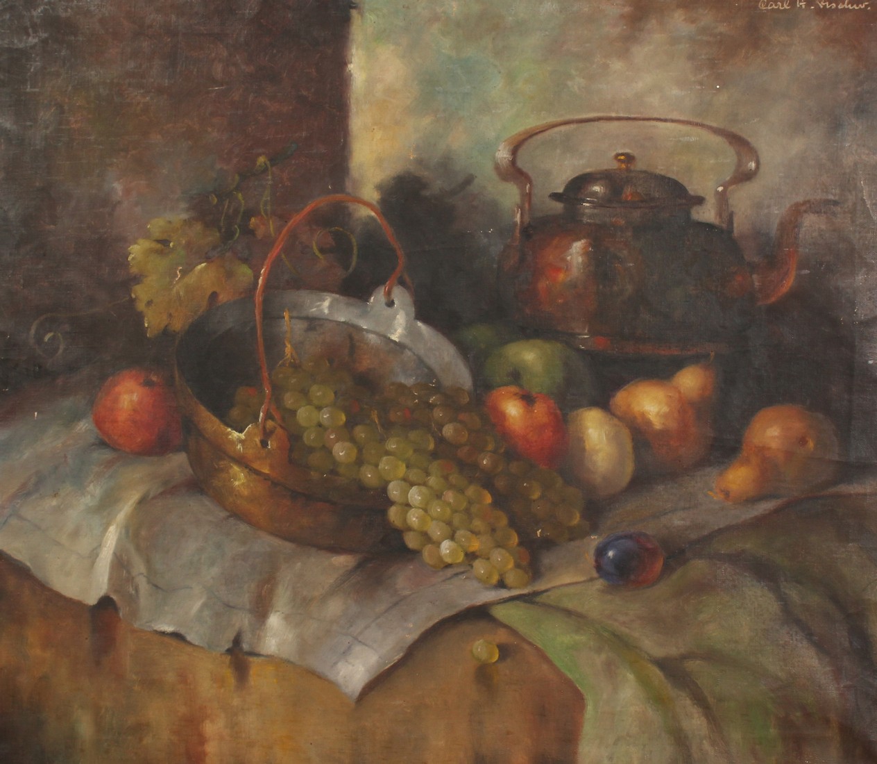 Carl Holger Fischer (1885-1955) Danish, A still life of mixed fruit and copper on a tabletop, oil on