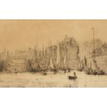 William Lionel Wyllie (1851-1931) English, A dockyard with figures tending their boats, etching,