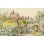 Early 20th century British school, A country cottage with a garden in full bloom, watercolour, 13.5"