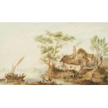 19th century school, A coastal scene with a thatched cottage and figures loading a boat in the