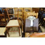 A Bergere style armchair a small chair and a folding mirror.