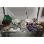 A quantity of decorative china to include a salt glazed Harvest jug, a pair of floral bowl, a