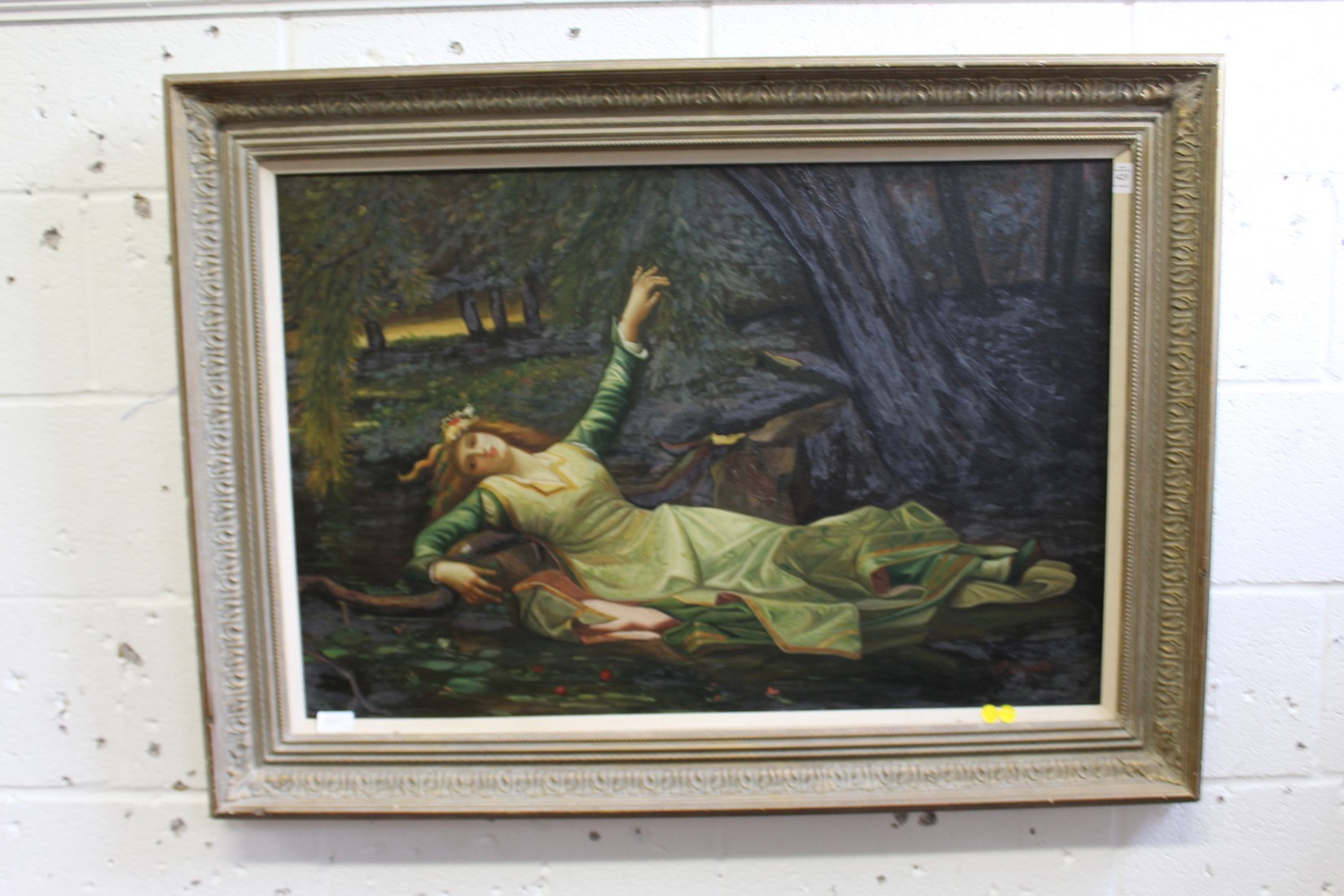 T. Reynolds, a Pre Raphaelite style painting of a reclining female figure next to a lily pond, oil