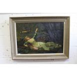 T. Reynolds, a Pre Raphaelite style painting of a reclining female figure next to a lily pond, oil