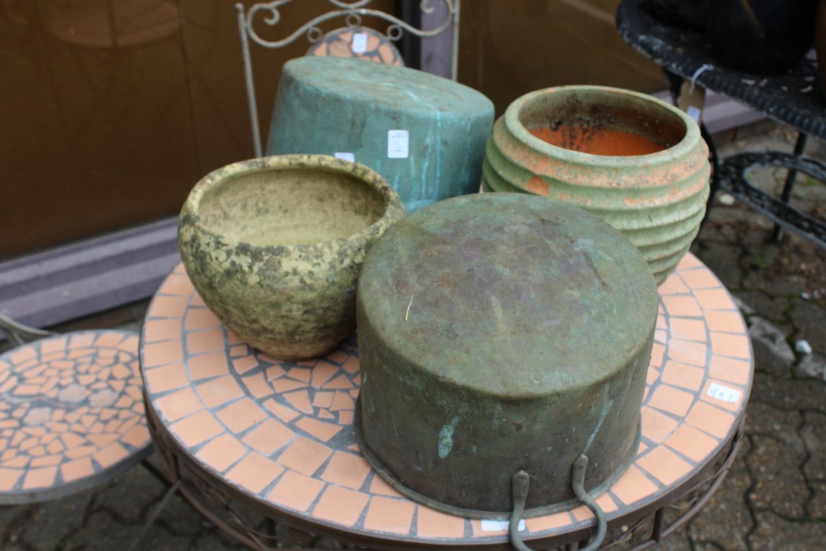 Terracotta and stoneware pots and two old copper saucepans. - Image 3 of 3